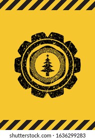 christmas tree icon inside warning sign, black grunge emblem. Vector Illustration. Detailed.