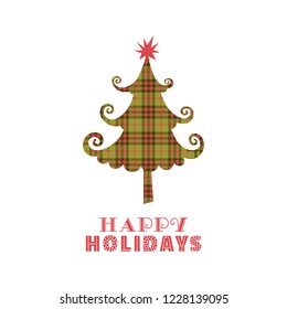 Christmas tree icon isolated. Happy holidays greeting card design. Minimal style winter season holiday checked fabric tree. Fancy festive merry x-mas decoration. New year eve vector typography poster