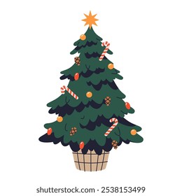 Christmas tree icon isolated on background. Vector sticker or sign. New Year symbol decorated with candies and cones. Evergreen forest plant designed for home holiday decor. Natural or faux fir tree.