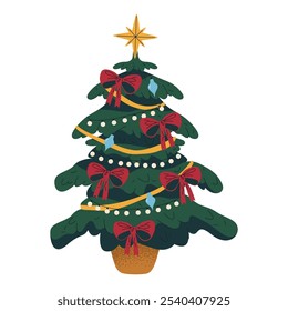 Icono del árbol de Navidad aislado en el fondo. Etiqueta o letrero de Vector. Árbol del año Nuevo en una olla o plantador. Árbol festivo decorado con cinta, arcos y luces. Decoración tradicional de vacaciones naturales o de imitación.