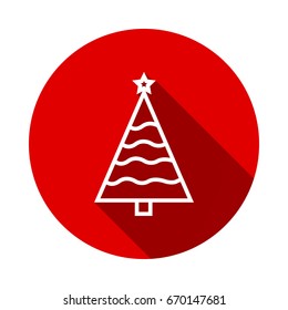 Christmas tree icon isolated on red background with long shadow. flat icon