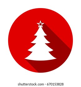 Christmas tree icon isolated on red background with long shadow. flat icon