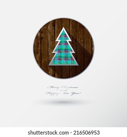 Christmas Tree Icon with long Shadow.  Flat style on wooden background. Vector Illustration. 