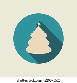 Christmas tree icon with long shadow. Vector illustration, flat design, EPS 8.