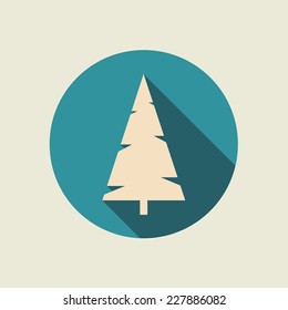 Christmas tree icon with long shadow. Vector illustration, flat design, EPS 8.