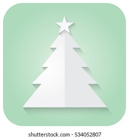 christmas tree icon on green background ,Paper art design vector illustration