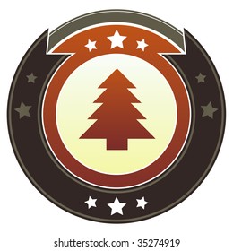 Christmas tree icon on round red and brown imperial vector button with star accents suitable for use on website, in print and promotional materials, and for advertising.