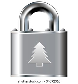 Christmas tree icon on secure vector lock button.  Suitable for use on websites, in print, and on brochures.