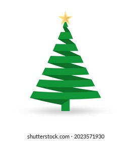 Christmas tree icon with paper stripe or ribbon. Xmas card design template. Vector illustration.
