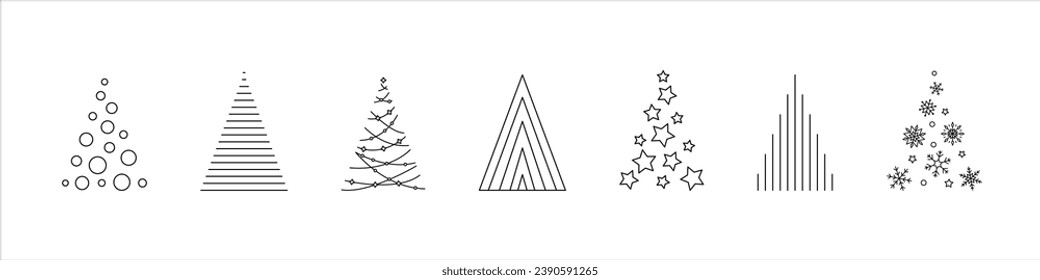 Icono de árbol de Navidad. Pino, árbol de abetos, colección de iconos de esquema de árbol de Navidad