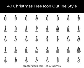Christmas Tree Icon, Pine Spruce Star Icon Set in Outline Style. Editable Stroke