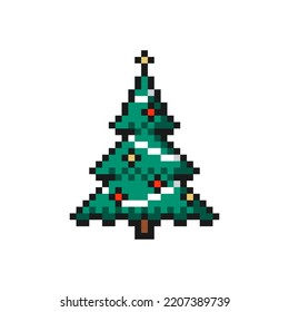 Christmas tree icon in pixel art design isolated on white background, Christmas and New Year vector sign symbol.