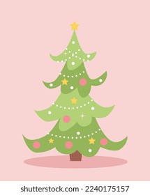 Christmas tree icon. Plant in multicolored hanging toys and balls with white garland. Culture and traditions, symbol of winter holidays, festivals and New Year. Cartoon flat vector illustration