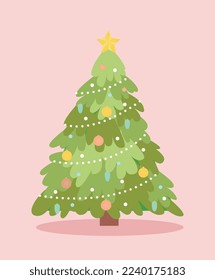 Christmas tree icon. Plant in white garland and yellow toys on pendants, balls and gold star. Poster or banner for website. Comfort and coziness in apartment. Cartoon flat vector illustration