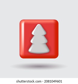 Christmas tree icon. Red plastic 3d realistic icon with fir tree.