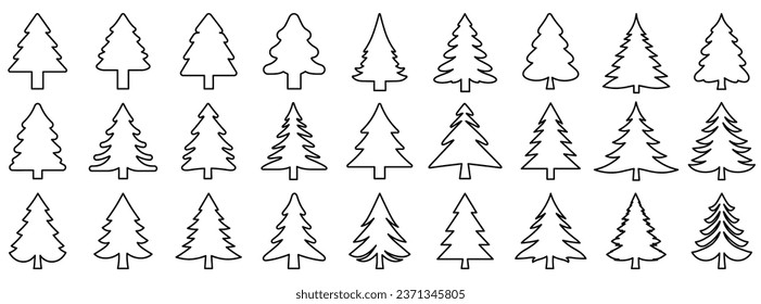 Christmas tree icon. Set of black outline christmas tree icons on white background. Vector illustration. Holiday icons