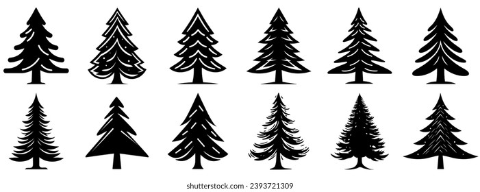 Christmas tree icon. Set of black christmas tree icons on white background. Vector illustration. Holiday icons