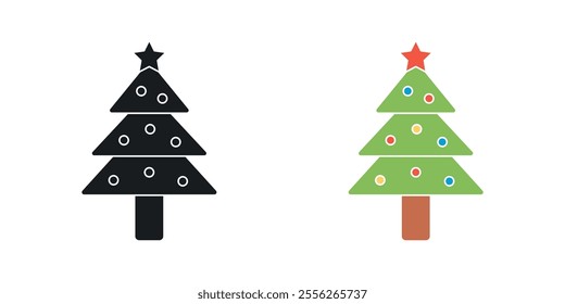 Christmas tree icon set in black and colored versions.