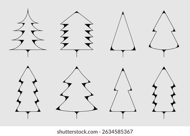 Christmas tree icon set. Black thin line modern design fir or pine