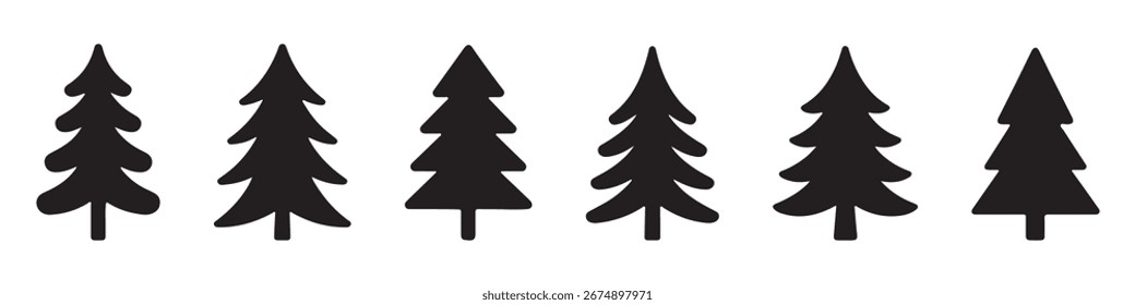 Christmas tree icon. Set of black christmas tree icons on white background. Vector illustration. Holiday icons