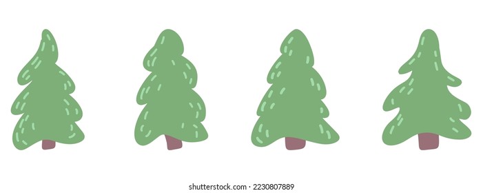 Christmas tree icon. Set of cute fir tree icons on white background. Vector illustration. Holiday hand drawn icons