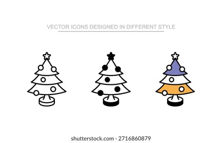 Christmas Tree icon set in different style with white background illustration