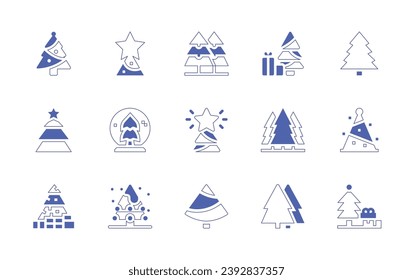 Juego de iconos de árbol de Navidad. Curso de línea de estilo duotónico y negrita. Ilustración vectorial. Conteniendo árboles de navidad, pino, estrella, pinos, regalo, globo de nieve, bosque.