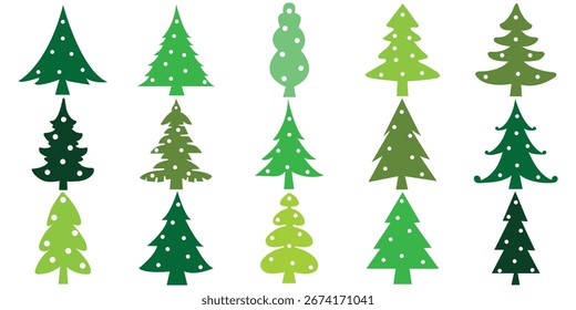 Conjunto de iconos de árbol de Navidad, siluetas de pino festivas y árboles de vacaciones decorados con estrellas y adornos para diseños de invierno o Navidad. Símbolos festivos colección, Diseño gráfico de celebración invernal. eps 10