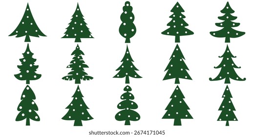 Christmas tree icon set, festive pine silhouettes and decorated holiday trees with stars and ornaments for winter or Xmas designs. Festive symbols collection, winter celebration graphic design. eps 10