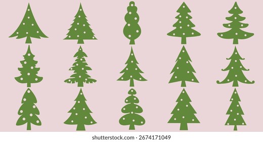 Christmas tree icon set, festive pine silhouettes and decorated holiday trees with stars and ornaments for winter or Xmas designs. Festive symbols collection, winter celebration graphic design. eps 10
