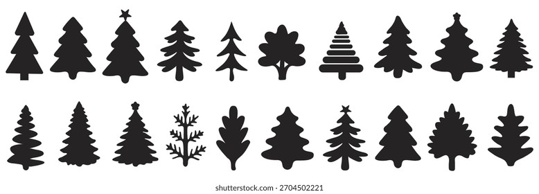 Conjunto de iconos de árbol de Navidad, siluetas de pino festivas y árboles de vacaciones decorados con estrellas y adornos para diseños de invierno o Navidad