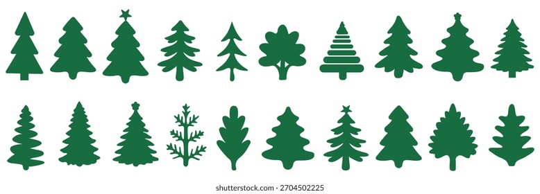 Christmas tree icon set, festive pine silhouettes and decorated holiday trees with stars and ornaments for winter or Xmas designs