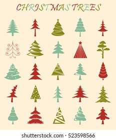 Christmas tree icon set. Flat design. Monochrome version. Vector illustration