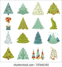 Christmas tree icon set. Flat isolated design. New year winter collection. Vector illustration