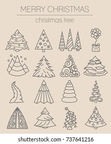 Christmas tree icon set. Flat isolated thin line design. New year winter collection. Vector illustration