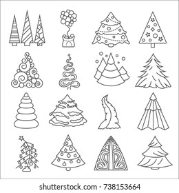 Christmas tree icon set. Flat isolated thin line design. New year winter collection. Vector illustration