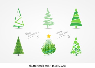 Christmas tree icon set with Merry Christmas and Happy New Year greeting text