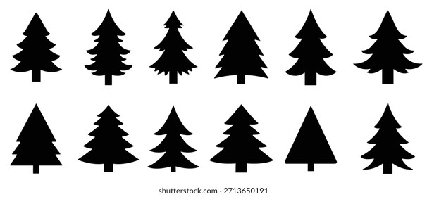 Conjunto de iconos de árbol de Navidad. Conjunto de iconos de árbol de pino. Icono negro de los árboles de Navidad. Silueta del Vector del árbol. 