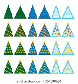 Christmas tree icon set. Pixel art. Old school computer graphic style. Games elements.