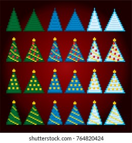 Christmas tree icon set. Pixel art. Old school computer graphic style. Games elements.