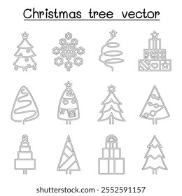 Christmas tree icon set in thin line style