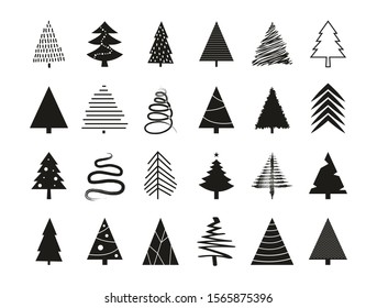 Christmas tree icon set. Vector holiday xmas tree fir silhouette. Vintage new year tree illustration for christmas card design