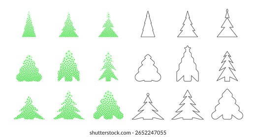 Christmas tree icon set. Xmas holiday pine silhouette, dot line Christmas tree flat illustration, decorated cartoon holiday tree design