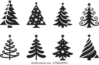 Siluetas de icono de árbol de Navidad en estilo negro limpio perfecto para gráficos de invierno estacionales