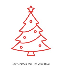 Christmas tree icon, simple red outline, minimalist design, white background, star topper, ornament circles, festive illustration, clean lines, holiday symbol, vector graphic style