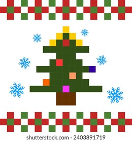 Christmas tree icon with snow in pixel art design isolated on white background, Christmas and New Year vector sign symbol.