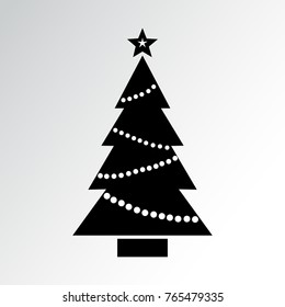 Christmas tree icon with star and garland. Black and white silhouette. Vector illustration