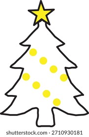 Christmas Tree Icon with Star – Simple Holiday Line Art Decoration with Yellow Lights for Festive Greeting, Winter Celebration, Card, Poster and Seasonal Graphic Design