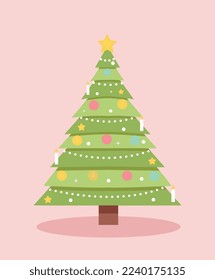 Christmas tree icon. Sticker for social networks and reaction for messengers. Design element for invitation and greeting postcard. Plant in colorful balls and toys. Cartoon flat vector illustration