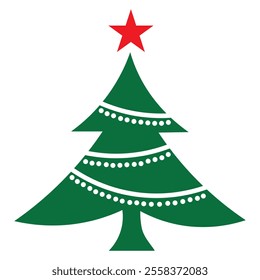 Christmas tree icon, stylized, green triangle shape, red star topper, white garland decorations, minimalist design, festive, holiday symbol, vector graphic, clean lines, simple illustration.